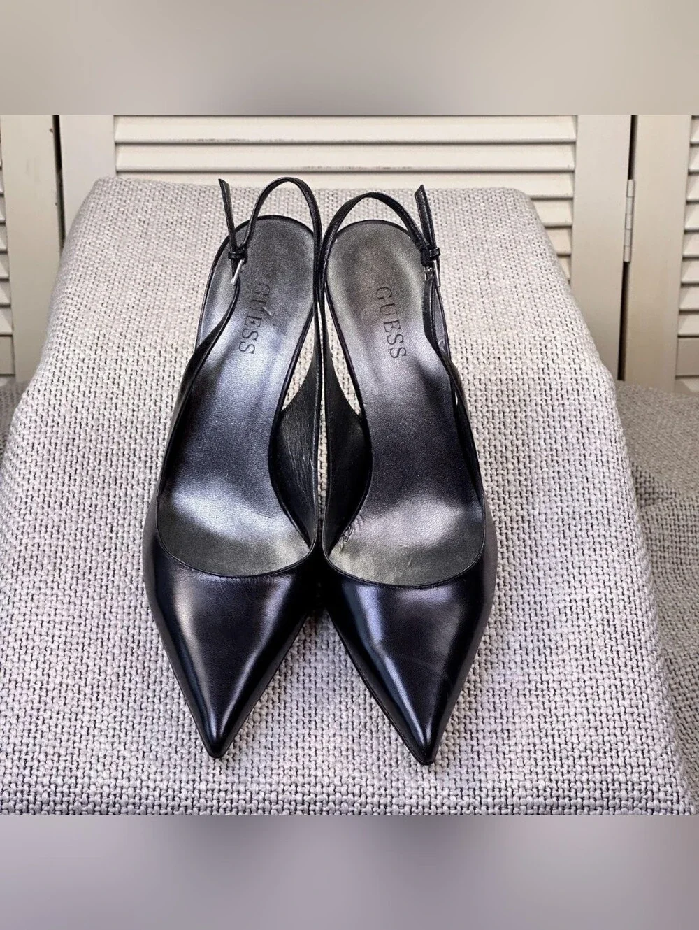 Guess Black Leather Pointed-Toe Slingback Heels